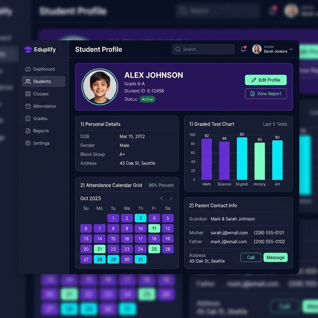 Eduplify Student Profile UI mockup showing grades, calendar attendance, and parent info